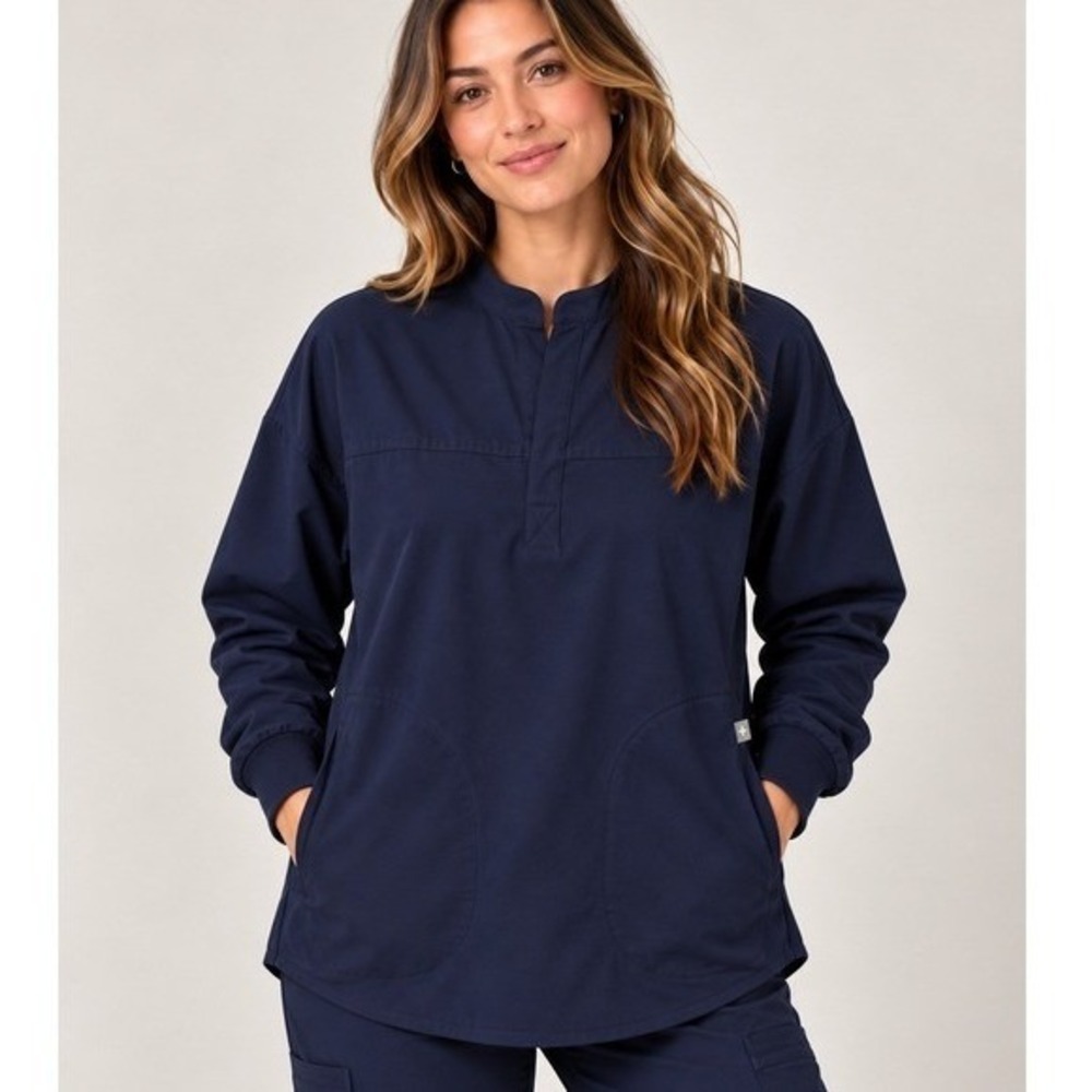FIGS Navy Blue Long Sleeve Scrub Top Mandarin Collar Style 1001661 Medium